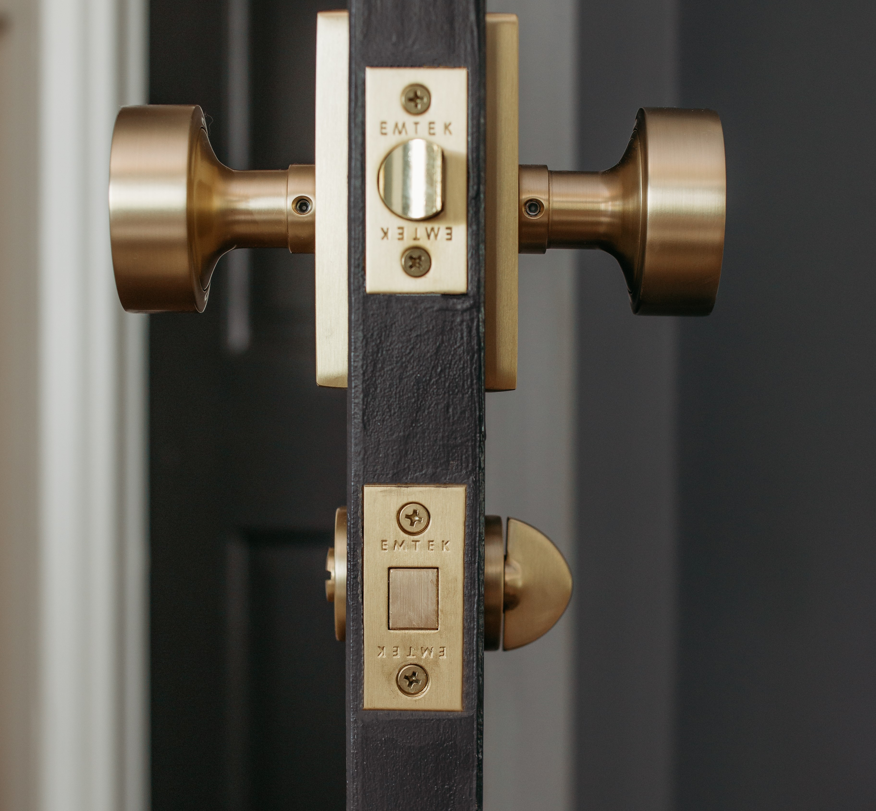 Door Accessories Collection - Rectangular Thumbturn with Disk Double  Rosette Privacy Door Bolt in Satin Brass by Emtek Hardware - 8682RECUS4 1  3/8 2 3/4