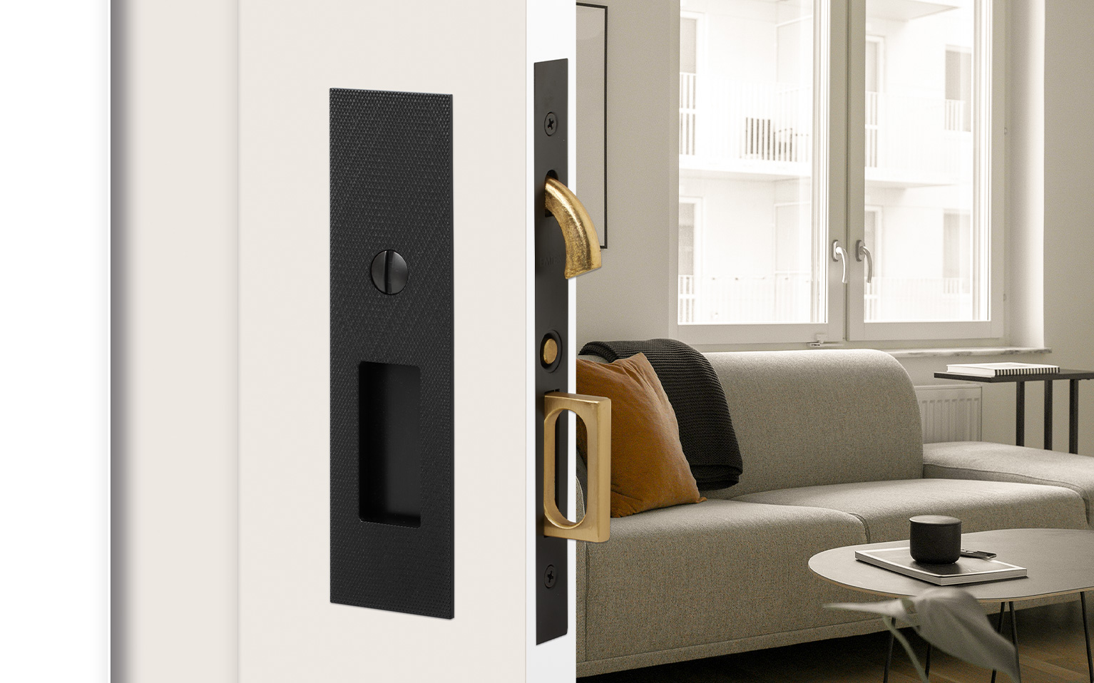 Knurled Narrow Modern Rectangular Pocket Door Mortise Lock | Emtek