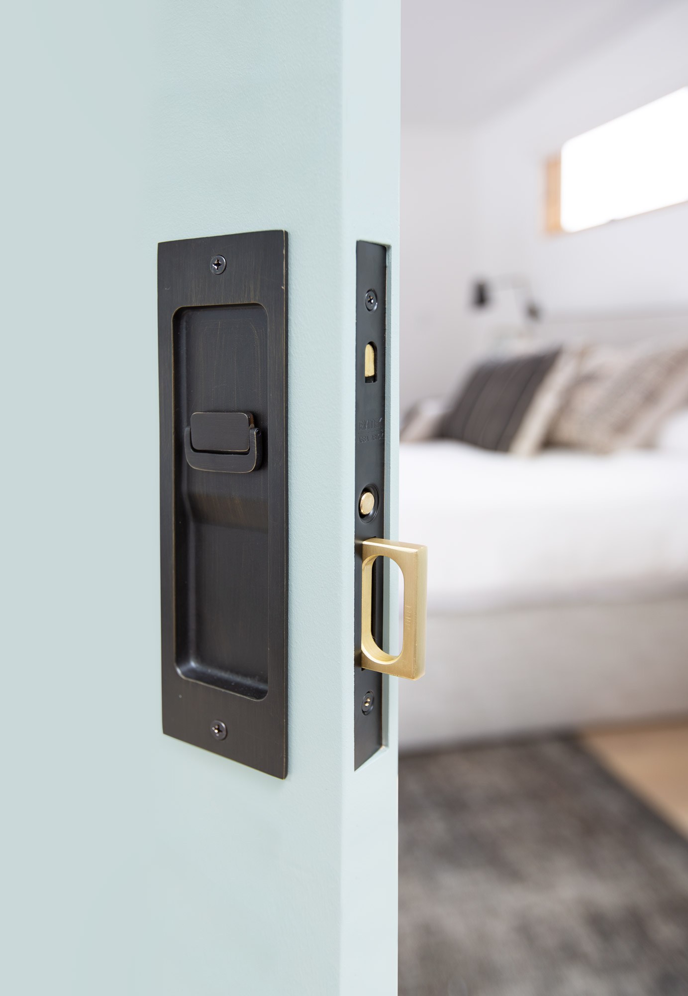 Mortise Pocket Door Hardware - Narrow Modern Rectangular Privacy Pocket Door Mortise Lock in Satin Brass - 2155US4-2 - Emtek Hardware